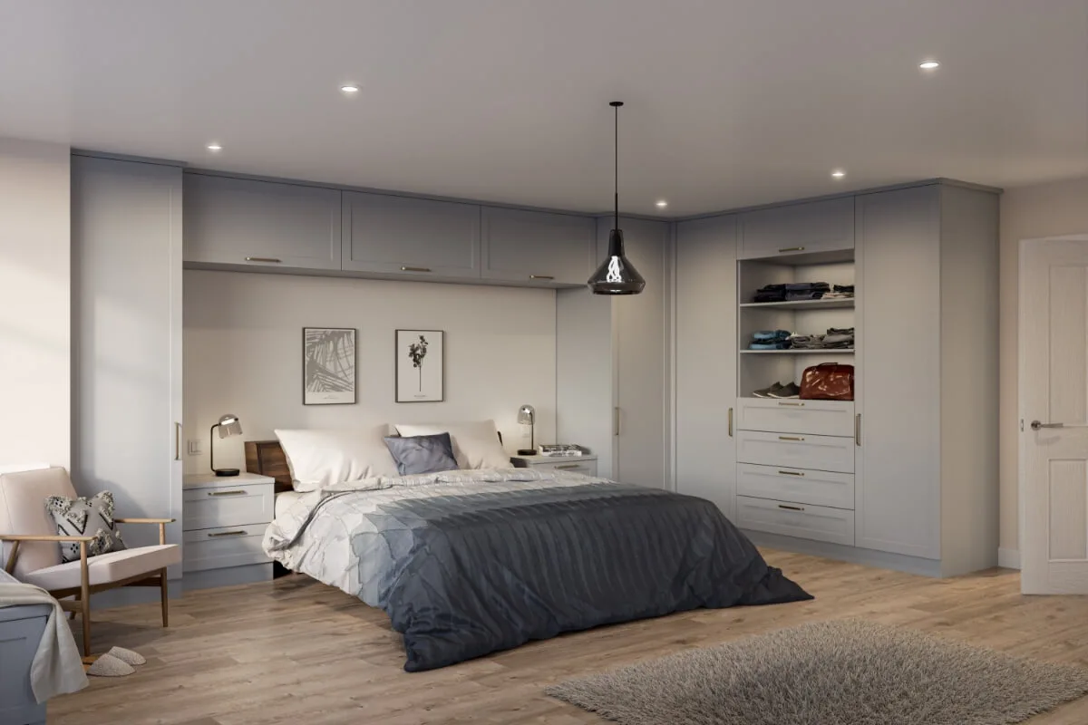 Belmont fitted bedroom in light grey with overbed and corner storage