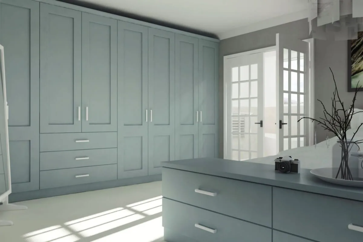 Boston fitted bedroom in blue-grey with corner wardrobes and open shelving