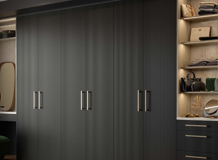 Graphite reeded fitted wardrobes with open dressing-room shelving