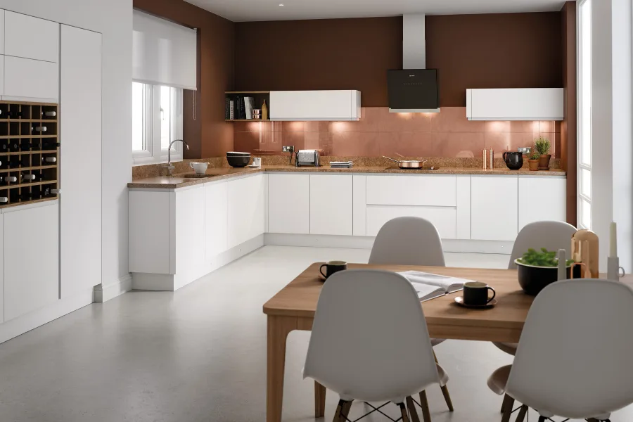 Copperfield — Lucente handleless matt white kitchen, Cannock